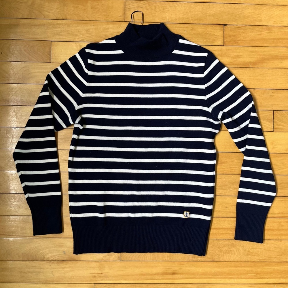 Armor Lux Mens Breton Striped Mock Neck Sweater Navy White Anchor Logo Size 3